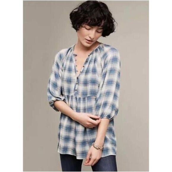 Anthropologie Maeve Top Tunic Womens Small Blue Plaid Calavon Peplum Popover - Picture 1 of 7